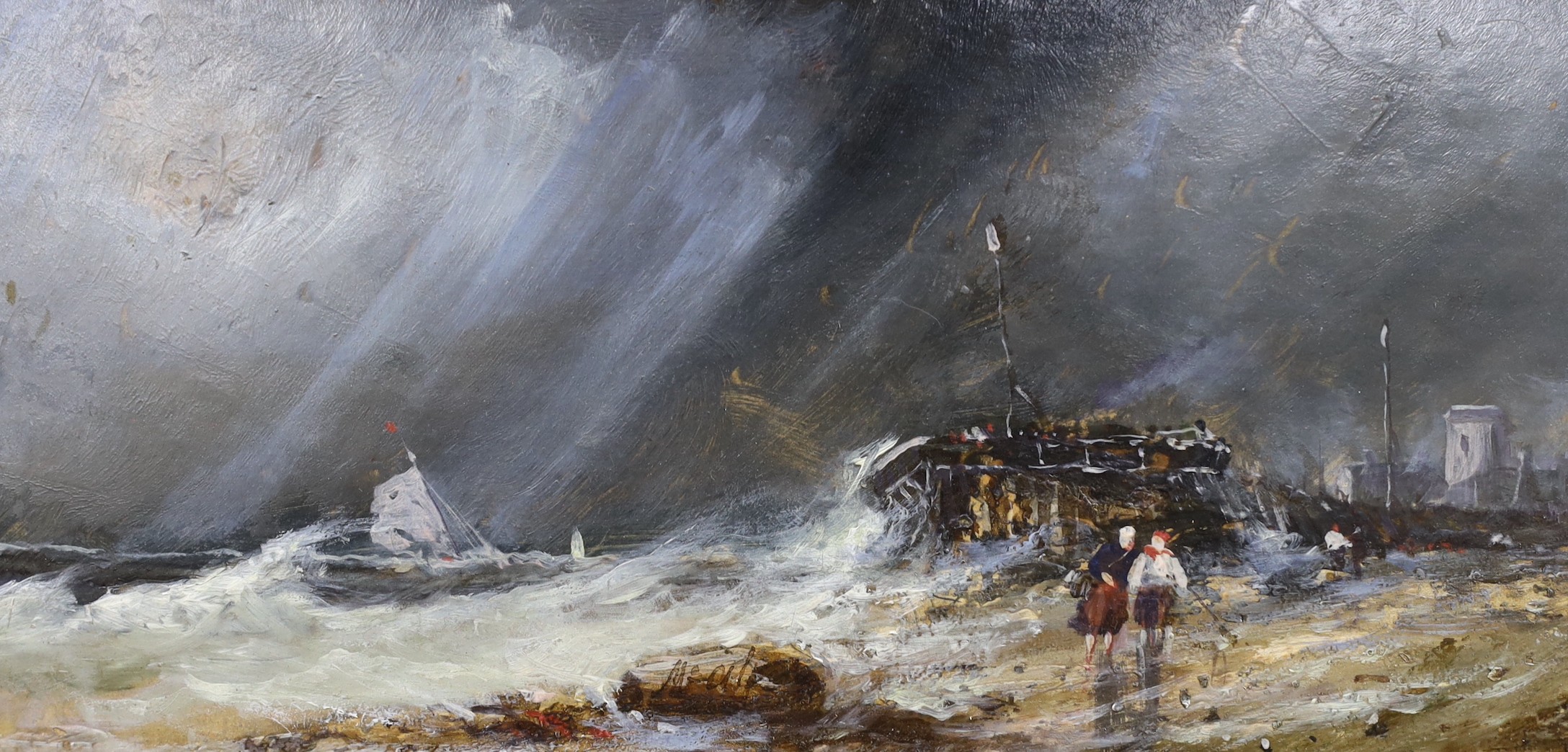 Attributed to William McAlpine (fl. 1840-1880), oil on board, 'Storm on the Cornish Coast', label verso, 14 x 29cm